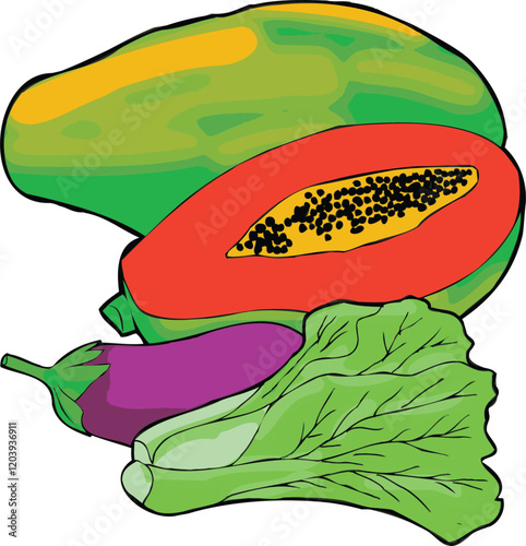 Green mustard greens, eggplant and papaya are vegetables and fruits that are sources of protein and vitamins.