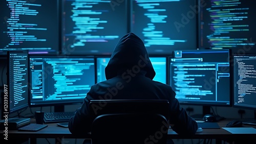 hacker front of his computer committing digital cybercrime