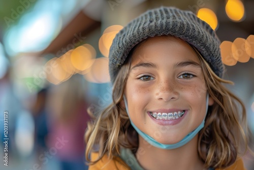 Smiling child with braces wearing a hat at a vibrant outdoor market during a sunny day photo