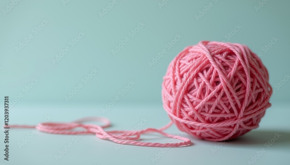 Soft pink ball of yarn with loose threads placed on pastel pink background. Cozy craft concept for knitting, crocheting, and DIY projects. Soft pink ball of yarn with loose threads placed on pastel pink background. Cozy craft concept for knitting, crocheting, and DIY projects.