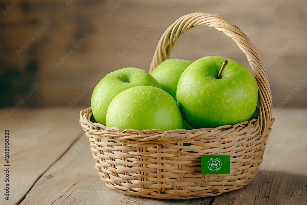 Harvesting fresh green apples in a rustic basket kitchen decor natural light healthy eating concept Harvesting fresh green apples in a rustic basket kitchen decor natural light healthy eating concept