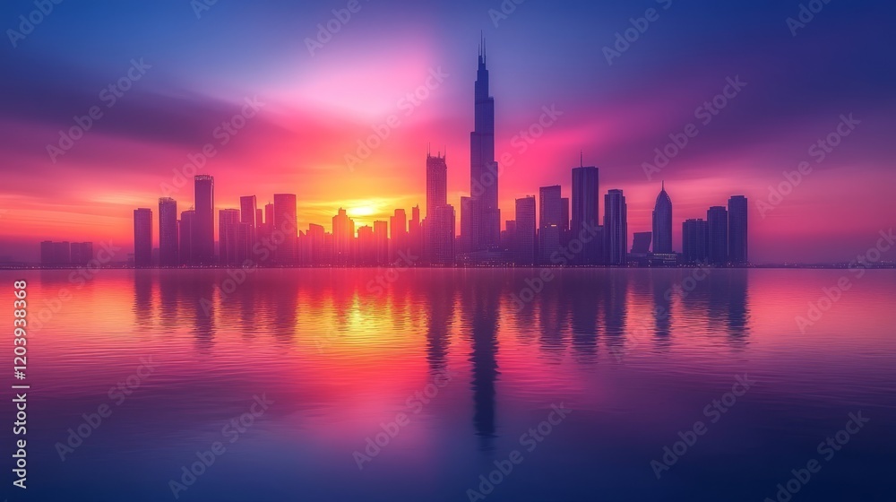 Fototapeta premium City Skyline at Sunset Reflecting on the Water with Vibrant Pink and Orange Hues creating a Mesmerizing Scene