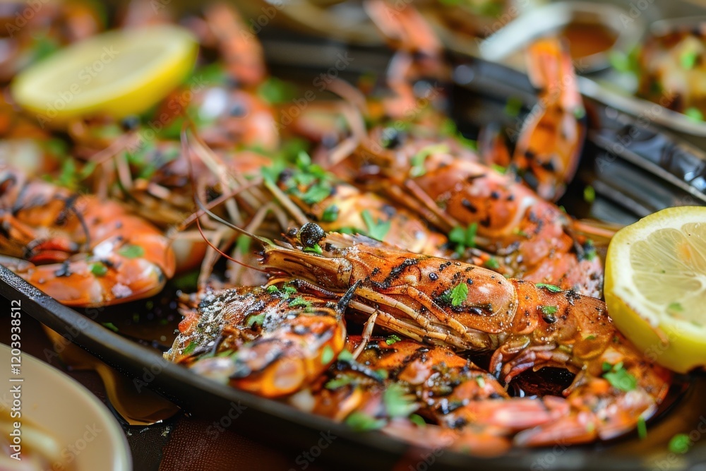 Grilled shrimp garnished with herbs and lemon slices served on a black platter at a festive seafood dinner Grilled shrimp garnished with herbs and lemon slices served on a black platter at a festive seafood dinner