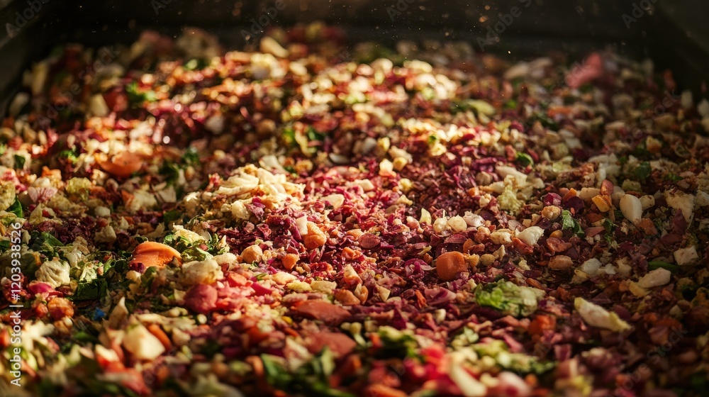 Colorful and vibrant mixture of chopped vegetables and herbs on a baking tray in sunlight Colorful and vibrant mixture of chopped vegetables and herbs on a baking tray in sunlight