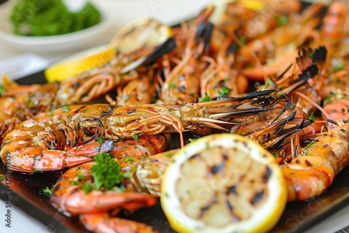 Shrimp dish served with grilled lemon and fresh herbs on a platter in a coastal dining setting during sunset photo