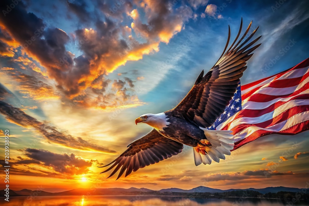 Fototapeta premium Patriotism: Double Exposure American Flag with Eagle and Sky Stock Photo