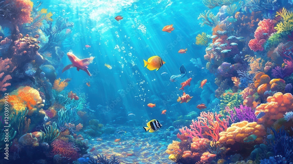 Naklejka premium Vibrant Underwater Scene with Colorful Coral and Tropical Fish