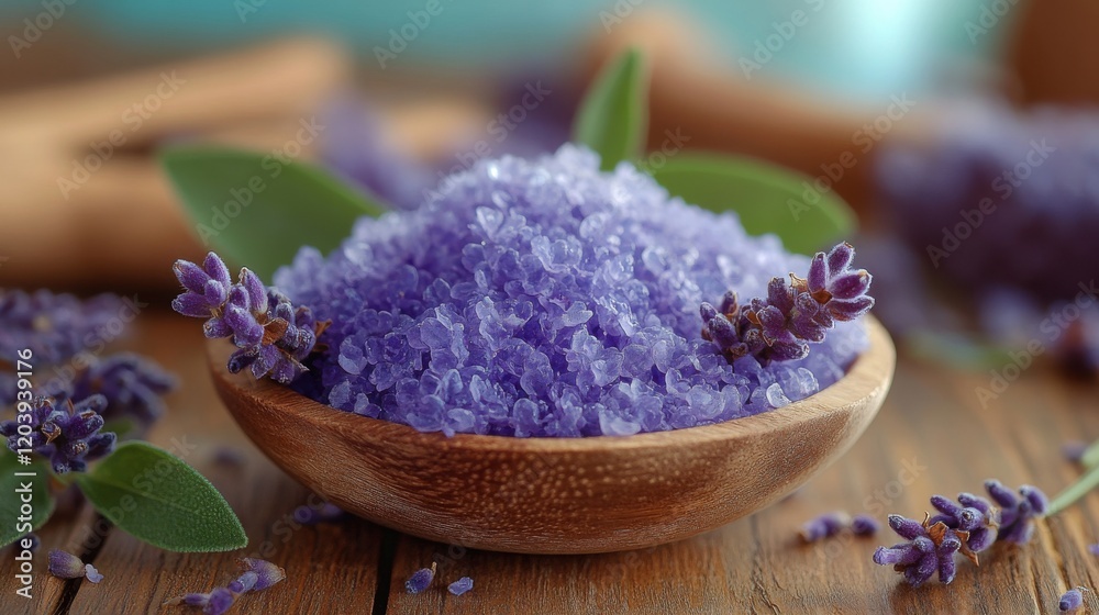 Lavender bath salts in a wooden bowl with fresh lavender sprigs on a rustic wooden surface Lavender bath salts in a wooden bowl with fresh lavender sprigs on a rustic wooden surface
