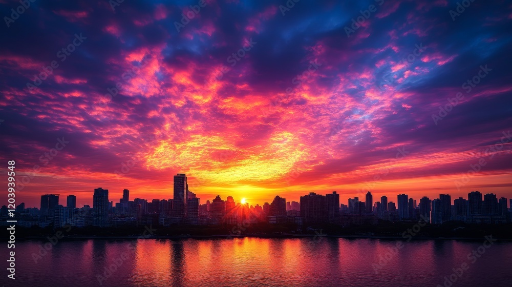 Fototapeta premium Vivid Sunset Over Cityscape with Reflective Water Creates a Dramatic Skyline