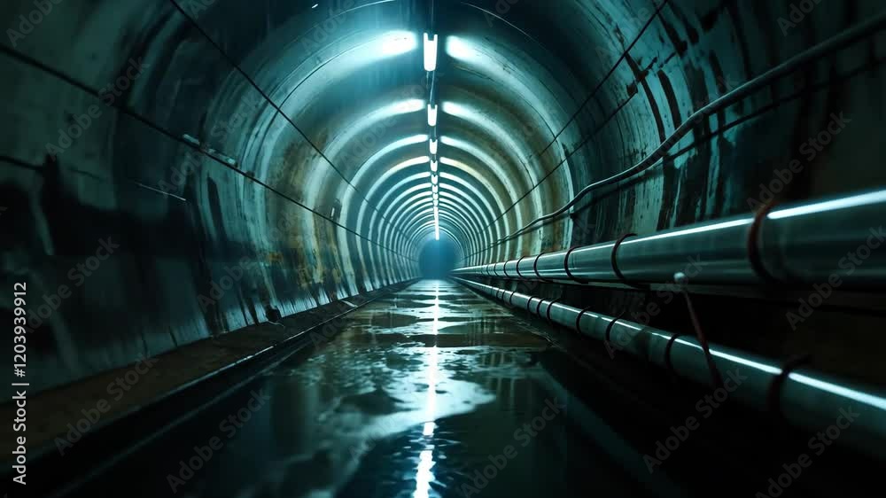 Dark, damp tunnel with glowing lights and reflections on water surface.