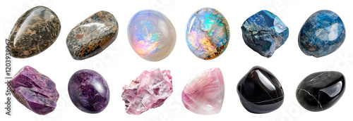 Collection set of gemstone mineral rocks crystal semi-precious stones on transparent cutout PNG. Onyx, Purpurite, Nepheline, Opal, Papagoite, Petalite. Many different style. Mockup template for artwor photo