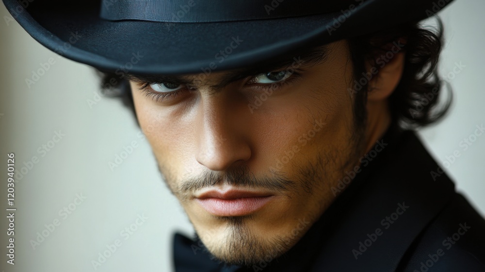 Stylish man in black hat gazes intensely with piercing eyes in a modern indoor setting during the evening, showcasing a blend of elegance and boldness through his expression Stylish man in black hat gazes intensely with piercing eyes in a modern indoor setting during the evening, showcasing a blend of elegance and boldness through his expression