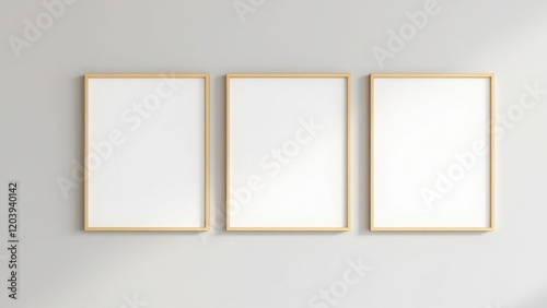 Minimalist interior design, three white and yellow framed canvases hanging on a clean, modern wall, soft natural lighting, sleek and contemporary aesthetic