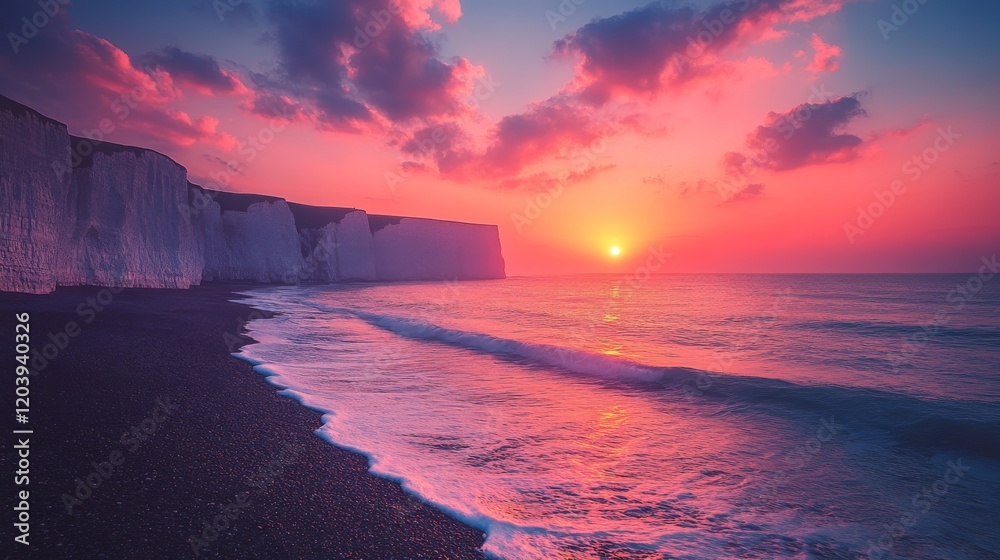 Obraz premium A breathtaking sunset over the ocean with dramatic cliffs and pink clouds painting the sky a magical scene of serene beauty