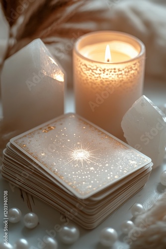 Set of tarot cards next to glowing candles and crystals creates a serene atmosphere for reflection and guidance
