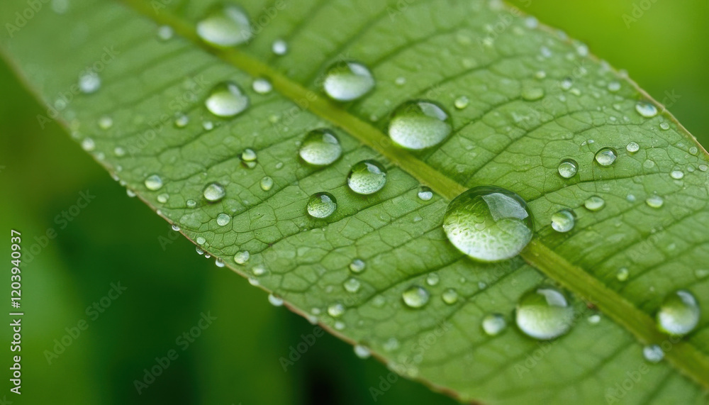 Morning dew droplets on a green leaf with blurred reflections