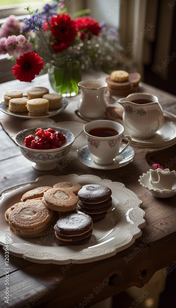 A cozy, rustic tea setting featuring warm pastries, a vintage tea set, and a sunny window illuminating the wooden table.
A cozy, rustic tea setting featuring warm pastries, a vintage tea set, and a sunny window illuminating the wooden table.