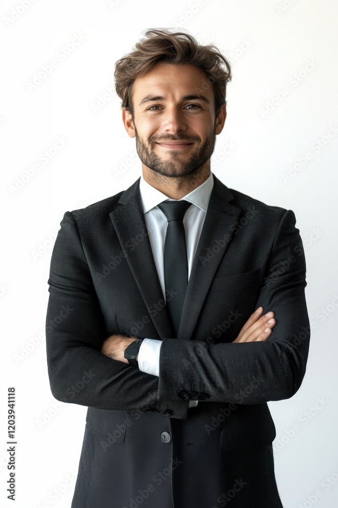 Smiling businessman in formal suit poses confidently with arms crossed