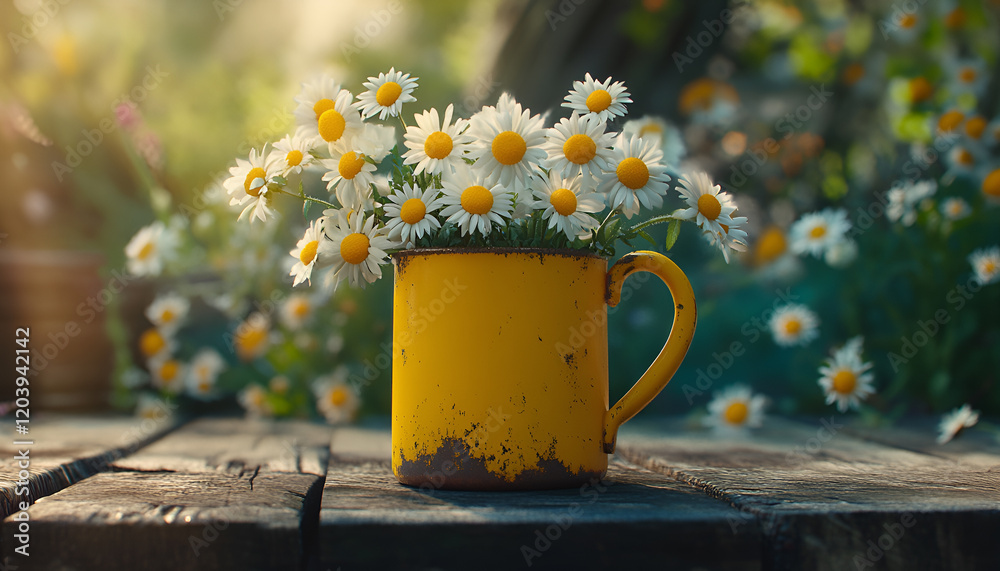 Obraz premium Spring - Chamomile Flowers In Teacup On Wooden Table In Garden