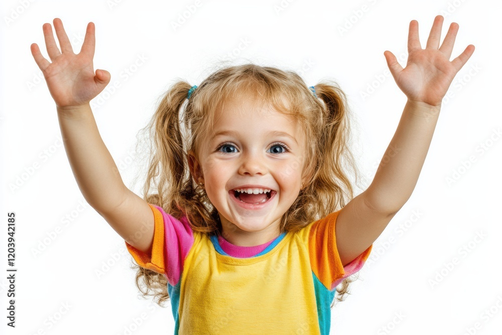 Excited girl with bright smile raising hands in joyful expression against white background Excited girl with bright smile raising hands in joyful expression against white background