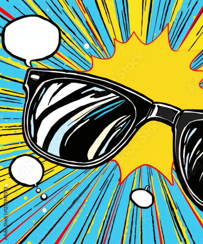 Stylish sunglasses reflect vibrant bursts of color and creativity in a lively and artistic backdrop