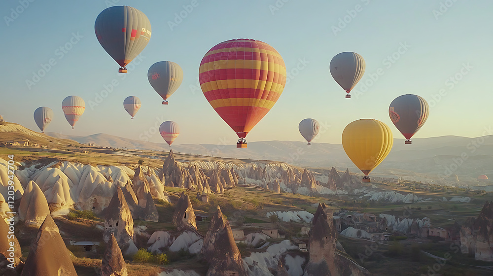 Obraz premium Colorful hot air balloons soaring over unique rock formations at sunrise.