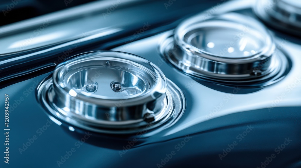 Close-up of polished metallic gauges on a sleek automotive dashboard with reflections Close-up of polished metallic gauges on a sleek automotive dashboard with reflections