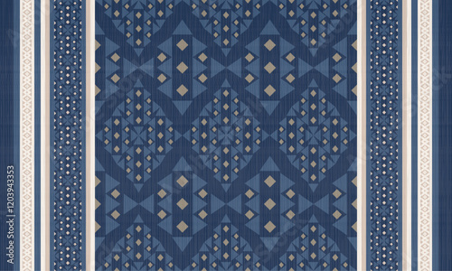 Geometric pattern in shades of blue tribal motif and ethnic . Ideal for textiles, wallpapers, or decorative arts, this pattern combines elegance with cultural richness in a harmonious color palette.