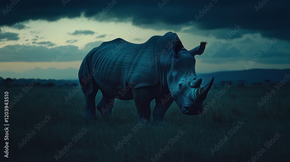 Fototapeta premium Majestic Rhinos Roaming Under Dark Stormy Skies at Dusk
