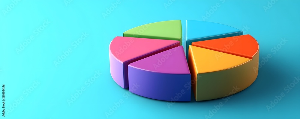 Obraz premium A colorful pie chart on a bright blue background symbolizes data analysis and business insights, ideal for presentations, reports, and educational materials.