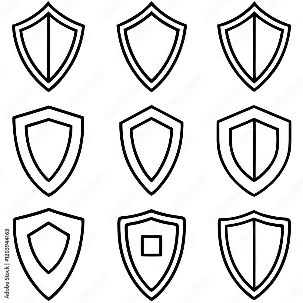 Black Outline Shields on White Background Black Outline Shields on White Background
