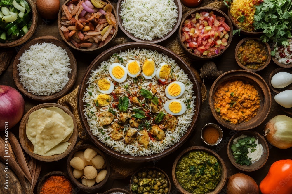 Fototapeta premium Aromatic chicken and egg biryani with various Indian side dishes and ingredients.