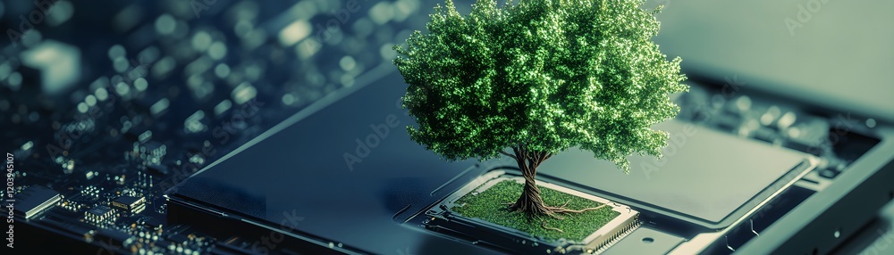 Obraz premium A miniature tree grows from a computer chip, symbolizing the fusion of nature and technology. This image represents innovation, sustainable practices, and the future of tech.