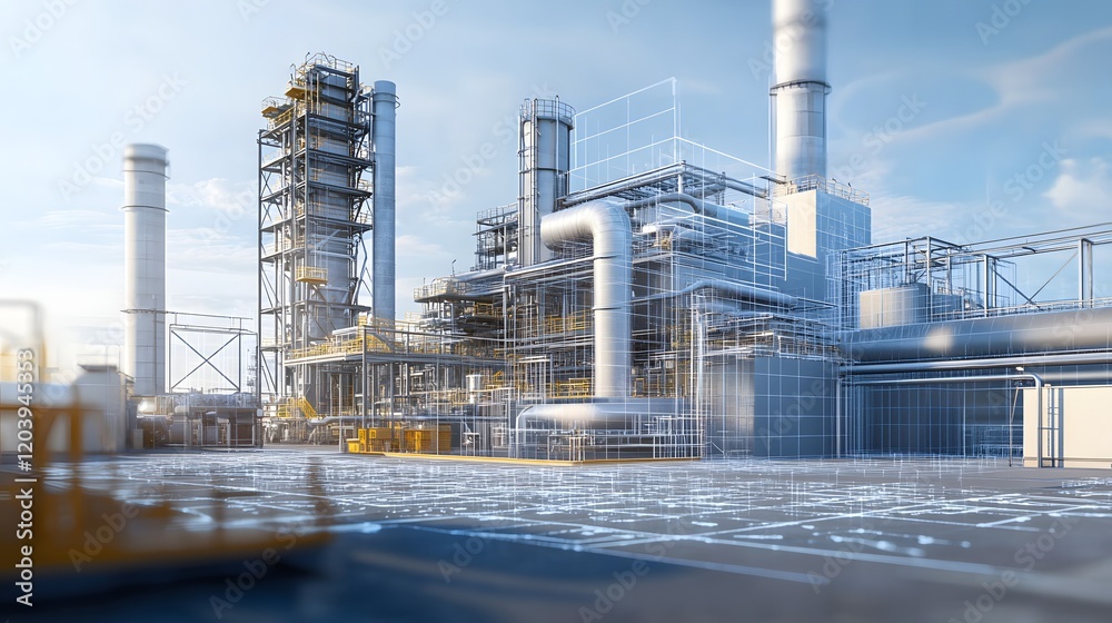 Obraz premium A modern industrial facility showcasing advanced technology and engineering in a vibrant environment.