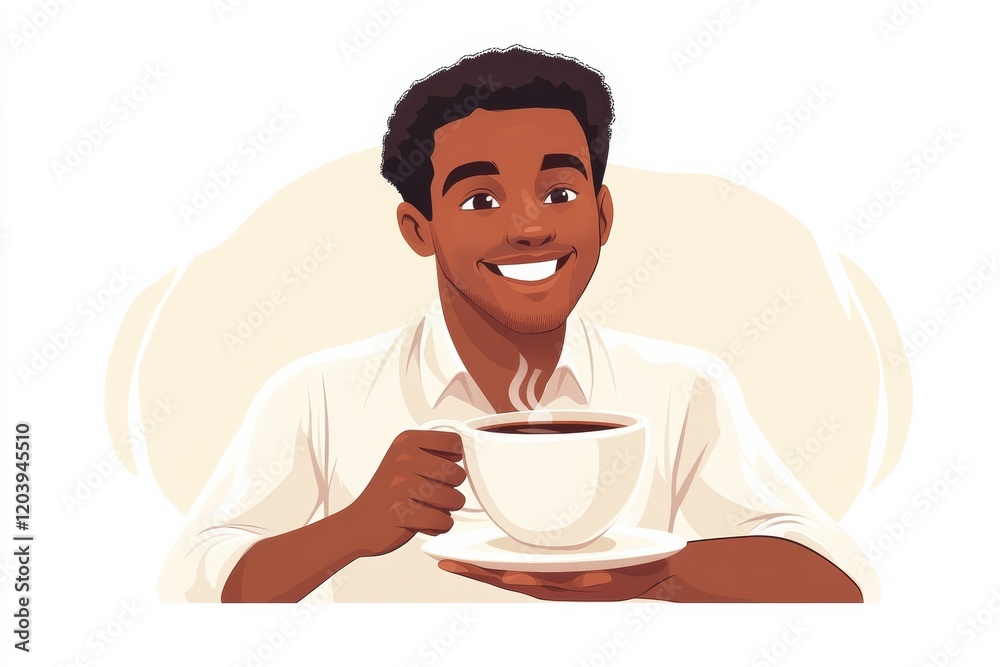 Enjoying a warm cup of coffee while smiling with joy indoors during the morning Enjoying a warm cup of coffee while smiling with joy indoors during the morning