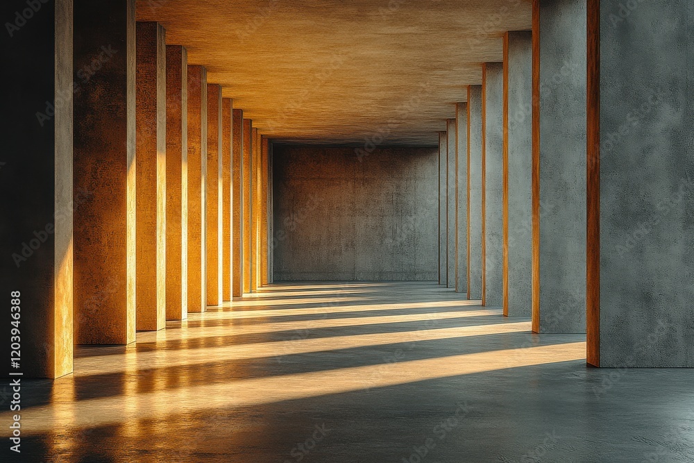 Fototapeta premium Golden Hour Perspective: A captivating interplay of light and shadow as the sun's warm rays illuminate a modern architectural corridor, casting long, golden streaks across the concrete floor.