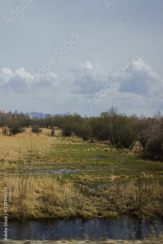 Spring flood, the river, the last snow, the last warm days. Beautiful natural background.