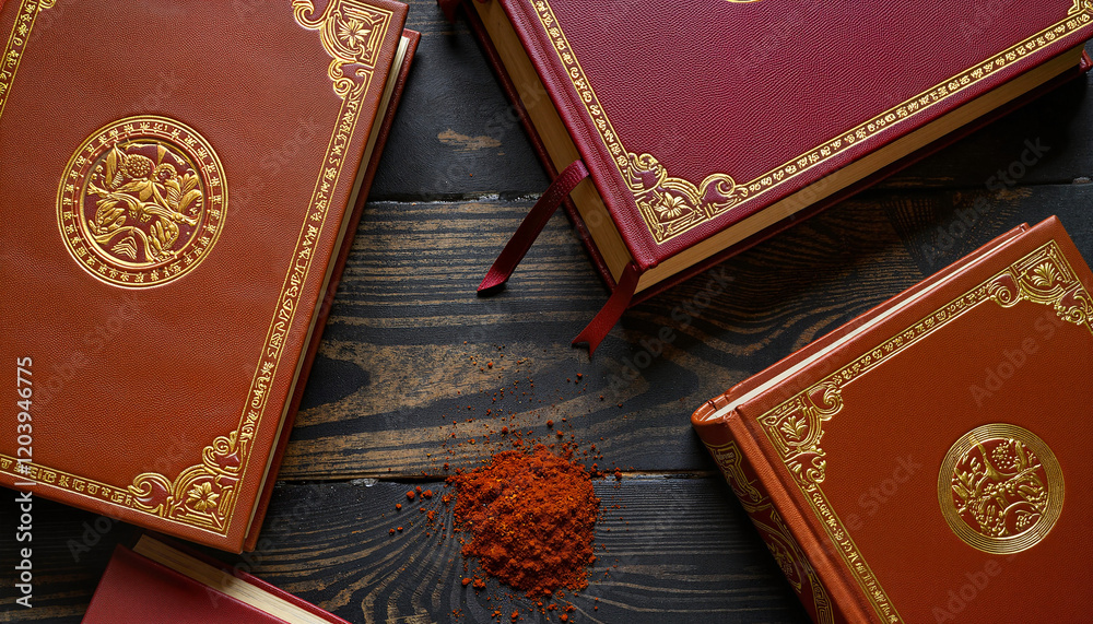 Fototapeta premium Elegant leather-bound books on wooden table with red spice, timeless beauty