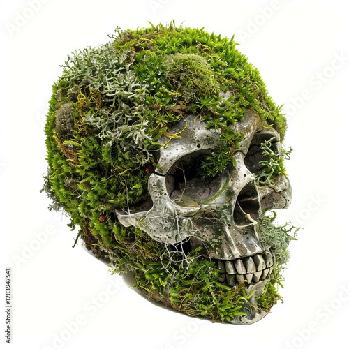 Moss and lichen are growing on a human skull isolated on white background, creating a memento mori photo