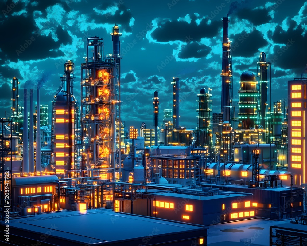Fototapeta premium A vibrant industrial landscape at night showcasing towering structures and glowing lights