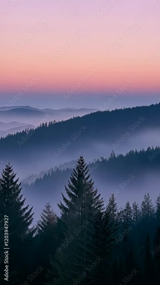 Majestic mountain landscape at dawn with mist and colorful sky over pine forests