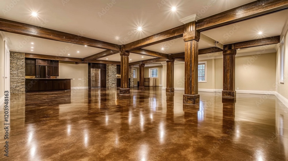 A spacious modern basement featuring polished floors, wooden beams, and columns that blend industrial and rustic aesthetics. A spacious modern basement featuring polished floors, wooden beams, and columns that blend industrial and rustic aesthetics.