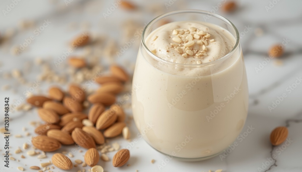 Homemade Almond Milk in Glass Jars with Fresh Almonds on Wooden Table - Plant-Based Dairy Drink Concept Homemade Almond Milk in Glass Jars with Fresh Almonds on Wooden Table - Plant-Based Dairy Drink Concept