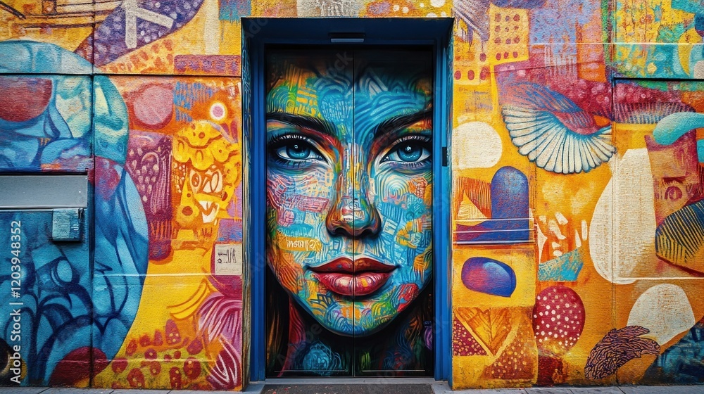 Obraz premium A vibrant street art mural of a face on a building entrance adds a splash of color