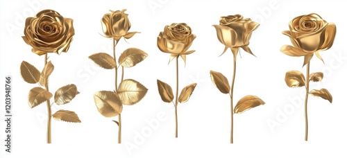 Golden Roses Collection: Five elegant golden roses, each with unique details and poses, create a luxurious and sophisticated visual collection.  Perfect for adding a touch of opulence to any design.