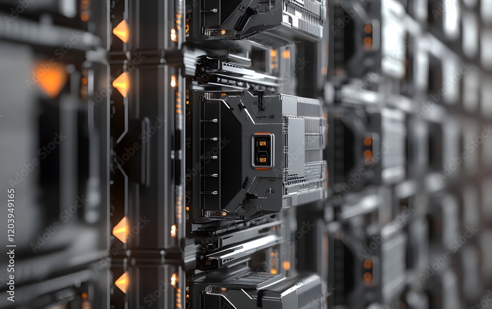 Close-up view of modern data center servers showcasing advanced computing technology. Close-up view of modern data center servers showcasing advanced computing technology.