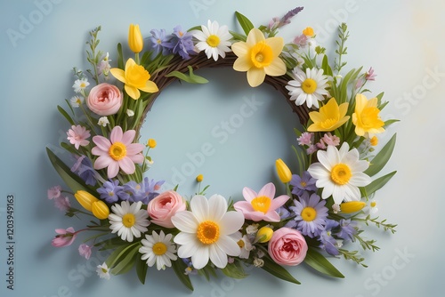 A spring wreath composed of vbrant flowers and lush greenery, harmonious mix and seasonal blooms, background photo