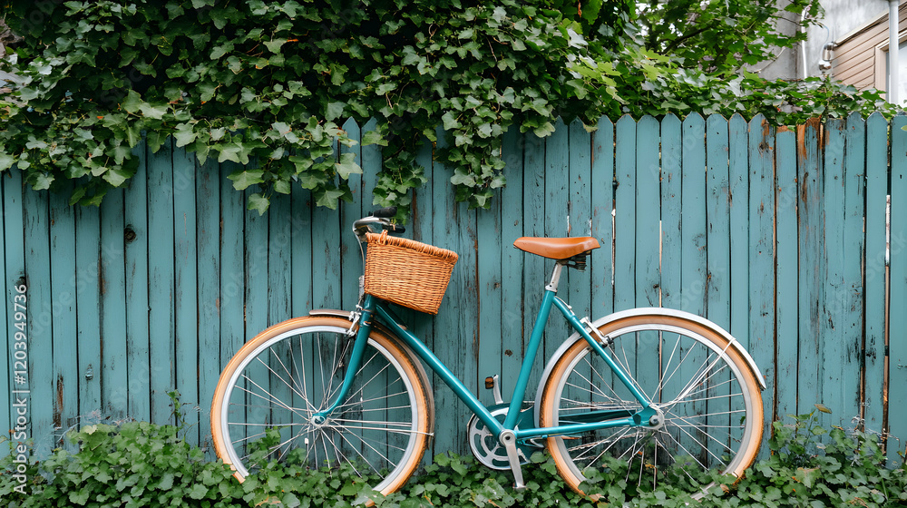 Teal bicycle with wicker basket leans against a weathered teal fence, surrounded by lush green foliage. Perfect for blogs, websites, and travel publications. Teal bicycle with wicker basket leans against a weathered teal fence, surrounded by lush green foliage. Perfect for blogs, websites, and travel publications.