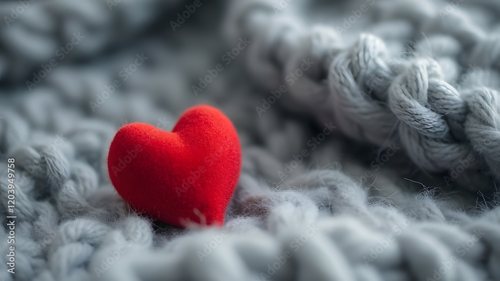 Fototapeta premium Red heart on a gray knitted background. Valentine's day concept. 