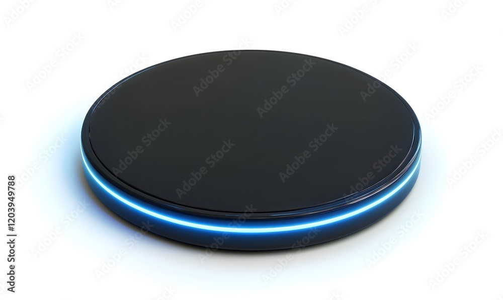 Black round platform with blue neon light. Black round platform with blue neon light.